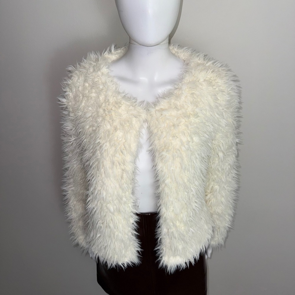 Commense Fuzzy‎ Faux Fur Jacket Cream Open Front Cozy Shaggy Coat Size XL